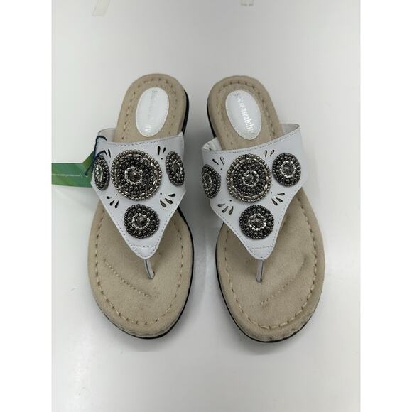 Solesenseability Womens Thong Sandals Size 6.5 SyonaWhite Leather Slip-On Beaded - Picture 1 of 14